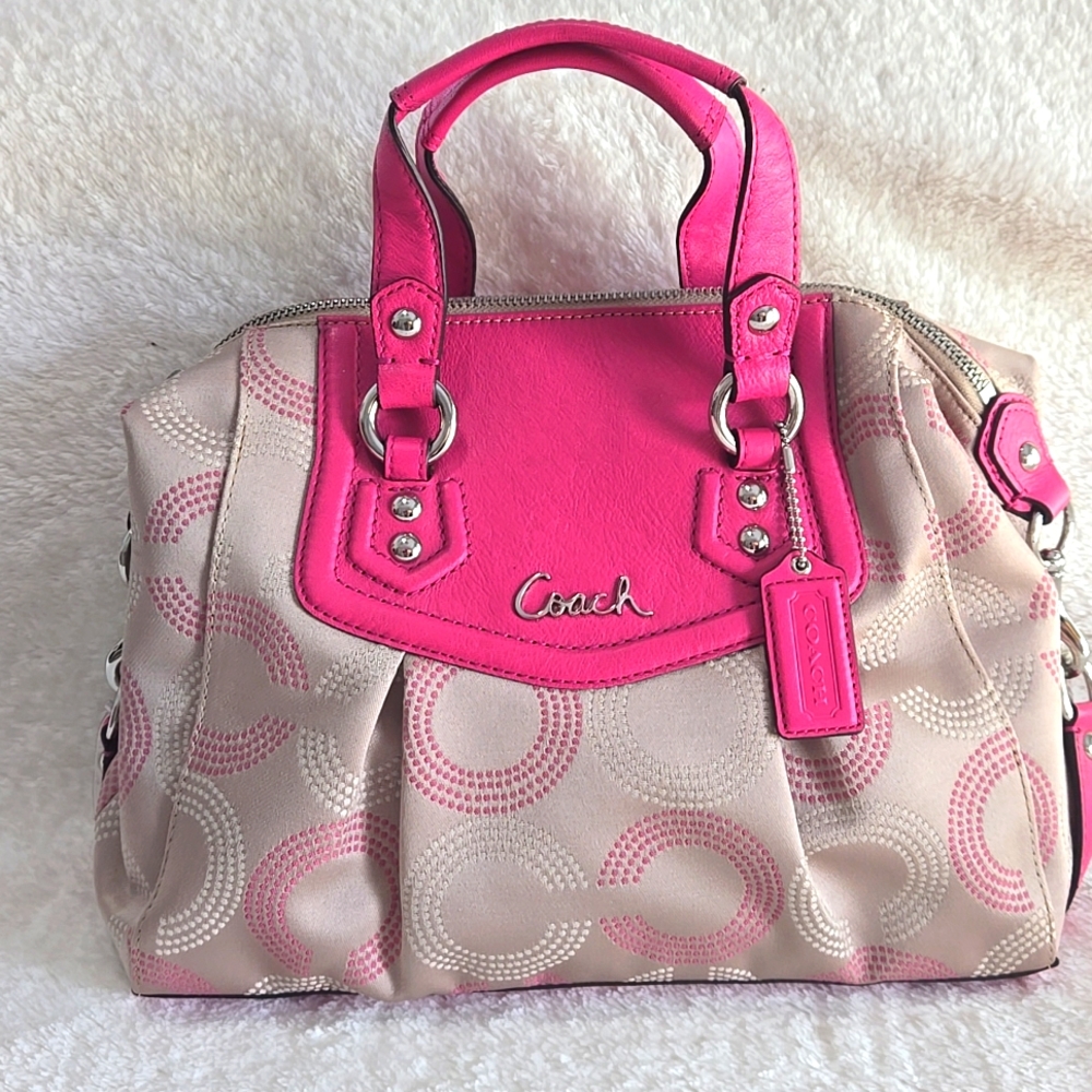 NWT Coach Ashley Pink And Khaki Dotted Canvas And Leather Satchel. PRICE FIRM